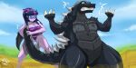  big_breasts breasts cleavage clothed clothing duo equestria_girls female godzilla godzilla_(series) human kaiju macro male_(lore) mammal my_little_pony one-piece_swimsuit shonuff swimwear tail_grab toho twilight_sparkle_(eg) 