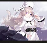  1girl :3 absurdres akutaa azur_lane bangs belt blurry bow capelet cloud cloudy_sky coat commentary_request cross cross_necklace depth_of_field eyebrows_visible_through_hair fur-trimmed_capelet fur-trimmed_coat fur-trimmed_sleeves fur_collar fur_trim hand_on_hip hat hat_bow hat_ribbon heterochromia highres jewelry long_hair looking_at_viewer looking_to_the_side machinery murmansk_(azur_lane) necklace papakha ribbon sidelocks silver_hair sky smile snowing solo turret wind winter_clothes winter_coat 