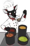  anthro blowing canid canine canis chef chef_hat clothed clothing cooking food hat headgear headwear holding_object kitchen_utensils ladle male mammal marsminer scarf simple_background solo soup stove tools white_background white_clothing wolf 