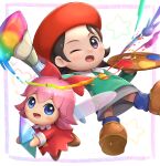  2girls adeleine black_hair blue_eyes blue_legwear fairy fairy_wings gonzarez grey_skirt kirby_(series) kirby_64 looking_at_viewer multiple_girls one_eye_closed paintbrush palette pink_hair purple_eyes red_headwear ribbon_(kirby) shoes skirt smile smock wings 