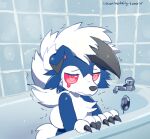  2017 3_fingers bathroom bathtub black_claws black_nose blue_body blue_fur bodily_fluids canid canine claws crying cute_face female fiddleafox fingers fluffy_chest fur looking_at_viewer low_res lycanroc mammal midnight_lycanroc moro_(fiddleafox) nintendo pok&eacute;mon pok&eacute;mon_(species) red_eyes sad shiny_pok&eacute;mon small_tail solo tears tuft video_games wavy_mouth whining white_body white_fur 