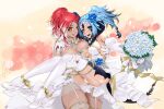  2girls absurdres arc_lauren ass au_ra bare_shoulders blue_eyes blue_hair breasts carrying choker cleavage commission cowboy_shot dress elbow_gloves english_commentary final_fantasy final_fantasy_xiv flower gloves high_heels highres holding_person large_breasts multiple_girls princess_carry red_hair second-party_source sleeveless smile standing teeth thighhighs yellow_eyes yuri 