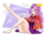  1girl absurdres bangs barefoot blowing_smoke border breasts closed_mouth dated eyebrows_visible_through_hair hair_ribbon highres holding japanese_clothes kimono komakusa_sannyo large_breasts leg_up long_hair long_sleeves looking_at_viewer natch_imaycz purple_background purple_hair purple_skirt red_eyes red_kimono ribbon signature simple_background sitting skirt smile solo touhou white_border wide_sleeves yellow_ribbon 