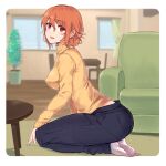  1girl arm_support armchair ass blurry blush breasts chair commentary_request curtains denim depth_of_field floor indoors jeans large_breasts looking_at_viewer looking_to_the_side mature_female miyazakit no_shoes on_floor open_mouth orange_hair pants plant potted_plant red_eyes sitting smile socks solo sweater table teeth turtleneck turtleneck_sweater upper_teeth white_legwear window yahari_ore_no_seishun_lovecome_wa_machigatteiru. yuigahama_yui&#039;s_mother 