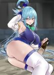  1girl :d absurdres alcohol aqua_(konosuba) arm_behind_head arm_up ass bangs bare_shoulders blue_eyes blue_hair blush breasts commentary_request detached_sleeves hair_between_eyes hair_ornament hair_rings highres indoors jikatarou kono_subarashii_sekai_ni_shukufuku_wo! large_breasts long_hair looking_at_viewer lying no_panties on_side open_mouth skirt smile solo sweat thighhighs white_legwear white_sleeves 