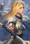  1girl armor blonde_hair blue_eyes breastplate chain hairband highres league_of_legends long_hair luxanna_crownguard solo sylee1 tagme wand 
