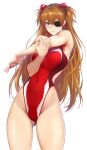  1girl blue_eyes blush evangelion:_3.0_you_can_(not)_redo eyepatch ground hair_ornament long_hair looking_at_viewer neon_genesis_evangelion one-piece_swimsuit orange_hair rebuild_of_evangelion red_swimsuit shikinami_asuka_langley shiny shiny_hair solo souryuu_asuka_langley standing stretch swimsuit twintails white_background zucchini 