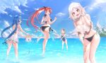  4girls :d ;d ^_^ absurdres ahoge animal ass back backless_swimsuit bangs bare_shoulders bikini black_bikini black_ribbon blonde_hair blue_eyes blue_hair blue_sky blue_swimsuit blush braid breasts character_request cleavage closed_eyes cloud collarbone commentary cowboy_shot crossed_bangs day dog elf eris_greyrat error eyebrows_visible_through_hair flower forehead full_body groin hair_between_eyes hair_flower hair_ornament hair_ribbon highres horizon innertube island light_rays long_hair looking_at_another looking_at_viewer midriff multiple_girls mushoku_tensei navel ocean off-shoulder_shirt off_shoulder older one_eye_closed open_mouth outdoors oversized_animal parted_bangs pointy_ears ponytail rausu_(undeadmachine) red_eyes red_hair ribbon roxy_migurdia scrunchie shadow shirt short_eyebrows short_hair side-tie_bikini sidelocks sky small_breasts smile splashing standing standing_on_one_leg sunbeam sunlight swimsuit sylphiette_(mushoku_tensei) thick_eyebrows twin_braids very_long_hair wading wet white_hair white_shirt white_swimsuit wrist_scrunchie 