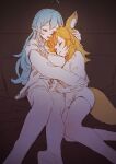  2girls ahoge animal_ears bare_legs bed bed_sheet blonde_hair blue_hair breasts closed_eyes crying elf fox_ears fox_girl fox_tail hand_on_another&#039;s_head highlights highres hololive hug large_breasts long_hair lying multicolored_hair multiple_girls omaru_polka open_mouth pillow pointy_ears tail thighhighs virtual_youtuber wabi_darake yukihana_lamy 