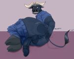  2021 anthro anus big_butt big_penis black_body black_fur bovid bovine butt chief_bogo clothed clothing digital_media_(artwork) disney feet fur genitals hi_res horn humanoid_genitalia humanoid_penis male mammal mature_male penis signature solo text titrip zootopia 