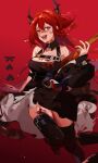  1girl 9degree arknights bare_shoulders blood blood_on_face blood_stain coat demon_girl demon_horns dress holding holding_weapon horns long_hair purple_eyes red_hair sharp_teeth solo surtr_(arknights) teeth weapon 