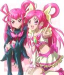  2girls :d arm_warmers bangs bike_shorts black_clothes black_footwear boots bow brooch butterfly_earrings butterfly_ornament cure_dream dark_cure_(yes!_precure_5) dark_dream detached_sleeves earrings feet_out_of_frame fingerless_gloves frilled_skirt frills futa-futa gloves jewelry knee_boots kneeling long_hair looking_at_viewer magical_girl midriff multiple_girls navel open_mouth patterned_background pink_bow pink_hair pink_theme pointing pointing_at_viewer pointy_ears precure purple_eyes shorts shorts_under_skirt sitting skirt smile stomach swept_bangs yellow_skirt yes!_precure_5 yumehara_nozomi 