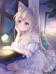  1girl animal_ears arm_support blonde_hair hand_on_own_face indoors lamp long_hair nightgown official_art pandora_party_project red_eyes sitting smile tail tougo wariza window 