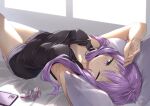  1girl ;) alternate_costume arched_back armpits arms_up bed_sheet black_shirt blush breasts cellphone closed_mouth collarbone commentary_request covered_nipples day hair_ornament_removed highres indoors kanzen_bouon long_hair looking_at_viewer lying on_back on_bed one_eye_closed phone pillow purple_eyes purple_hair purple_shirt shirt short_shorts shorts sleeveless sleeveless_shirt small_breasts smartphone smile solo sunlight voiceroid yuzuki_yukari 