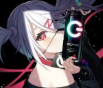  1girl bangs bare_shoulders black_background blush can choker dive_to_zone eyelashes fingernails hair_ornament hairclip highres long_sleeves looking_at_viewer off_shoulder power_symbol red_eyes shigure_ui solo twintails white_hair 