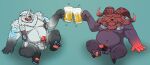  2021 absurd_res alcohol anthro balls beer belly beverage blue_background blush bovid caprine duo erection fur genitals hi_res humanoid_genitalia humanoid_hands humanoid_penis kemono league_of_legends male male/male mammal moobs nipples ornn_(lol) penis riot_games simple_background sitting video_games volibear white_body white_fur 