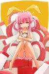  1girl animal bangs bare_shoulders barefoot bow cat cat_tail closed_eyes food full_body hair_bow hair_rings hakuun_(m2230) highres holding holding_animal kamaboko kamaboko_(milky_holmes) nightgown on_lap pink_hair sherlock_shellingford sidelocks sitting sleeping sleeping_upright tail tantei_opera_milky_holmes white_tail yellow_bow 