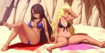  2girls :p ;d artist_name bangs bare_arms bare_legs bare_shoulders barefoot beach bikini black_bikini black_nails blanket blonde_hair blush breasts brown_hair collarbone commentary commission eyebrows_visible_through_hair eyes_visible_through_hair feet full_body highres kuroonehalf large_breasts long_hair looking_at_viewer multiple_girls navel one-piece_tan one_eye_closed open_mouth original purple_bikini purple_eyes red_eyes red_nails sitting smile swimsuit tan tanline toenail_polish tongue tongue_out very_long_hair 