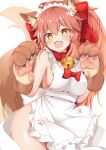  1girl animal_ear_fluff animal_ears apron bell blush breasts cat_hair_ornament cat_paws collar eyebrows_visible_through_hair fang fate/grand_order fate_(series) fox_ears fox_girl fox_tail gloves hair_ornament hair_ribbon jingle_bell ladle large_breasts long_hair naked_apron neck_bell open_mouth paw_gloves paws pink_hair ponytail red_ribbon ribbon rururiaru sideboob skin_fang solo tail tamamo_(fate)_(all) tamamo_cat_(fate) white_apron yellow_eyes 