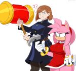  ... ? absurd_res amy_rose anthro big_breasts breasts clothed clothing confusion crossover duo eulipotyphlan female green_eyes hammer hedgehog hi_res holding_object human jinu jujutsu_kaisen mammal nail nobara_kugisaki piko_piko_hammer simple_background sonic_the_hedgehog_(series) standing tools white_background 