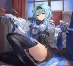  1girl akira0171 between_breasts blue_hair boots breasts closed_mouth couch curtains eula_(genshin_impact) genshin_impact gloves looking_at_viewer necktie necktie_between_breasts sitting solo thigh_boots thighhighs thighs window 
