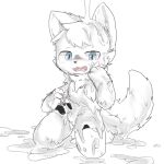  anthro blue_eyes bottomwear canid canine canis changed_(video_game) chano clothing dripping fur goo_creature goo_transformation kneeling lin_(changed) male mammal open_mouth pawpads puddle shorts simple_background solo transformation wet white_background white_body white_fur wolf 