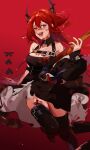  1girl 9degree absurdres arknights bare_shoulders blood blood_on_face blood_stain demon_girl demon_horns dress highres holding holding_weapon horns kneehighs long_hair purple_eyes red_hair sharp_teeth solo surtr_(arknights) teeth weapon 