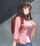  1girl a1 backpack bag blue_skirt breasts brown_eyes brown_hair closed_mouth commentary_request eyebrows_visible_through_hair ichijou_hotaru large_breasts looking_away non_non_biyori randoseru shirt short_hair skirt solo white_shirt 