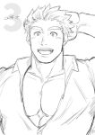  1boy :d bara collared_shirt hand_on_own_head harada_(basashi) large_pectorals male_cleavage male_focus master_3_(tokyo_houkago_summoners) muscular muscular_male open_mouth partially_unbuttoned portrait shirt short_hair sideburns smile solo tokyo_houkago_summoners 