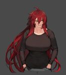  1girl ahoge black_background breasts collarbone hair_between_eyes hands_in_pocket highres large_breasts long_hair long_sleeves looking_to_the_side open_mouth original pinkboy red_hair scar scar_across_eye scar_on_cheek scar_on_face simple_background smile solo yellow_eyes 
