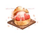  artist_name bird chai cherry_blossoms commentary_request cream_puff food food_focus fruit highres looking_at_viewer no_humans original petals simple_background sitting_on_food strawberry white_background 