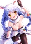  1girl :d animal_ear_fluff animal_ears arm_up armpits bangs bare_shoulders black_gloves black_leotard blue_hair blue_ribbon blush bow braid breasts brown_legwear bunny_ears carrot_hair_ornament cleavage detached_sleeves eyebrows_visible_through_hair food_themed_hair_ornament from_above fur-trimmed_gloves fur_collar fur_trim gloves hair_bow hair_ornament hand_on_ear hololive leotard leotard_under_clothes long_hair looking_at_viewer looking_up medium_breasts multicolored_hair open_mouth pantyhose pom_pom_(clothes) ribbon short_eyebrows short_sleeves simple_background sitting smile solo strapless strapless_leotard thick_eyebrows thigh_gap thigh_strap twin_braids two-tone_hair usada_pekora usano very_long_hair virtual_youtuber white_background white_bow white_hair yellow_eyes 