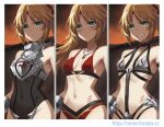  1girl armor bangs bare_shoulders bikini_armor black_legwear blonde_hair blush braid breastplate breasts brown_cape cape clarent_(fate) embarrassed fate/apocrypha fate_(series) faulds french_braid green_eyes grin hair_ornament hair_scrunchie long_hair looking_at_viewer mordred_(fate) mordred_(fate)_(all) navel parted_bangs pelvic_curtain ponytail scrunchie sidelocks small_breasts smile sword thighhighs thighs tonee weapon 