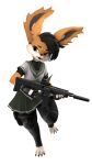  3d_(artwork) absurd_res anthro assault_rifle basedvulpine biped canid canine clothing digital_media_(artwork) duckyawesome_(character) fur gun hair hi_res holding_object holding_weapon legwear male mammal open_mouth ranged_weapon rifle school_uniform simple_background solo standing uniform weapon 