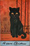  ambiguous_gender black_body black_fur curtains detailed_background domestic_cat english_text felid feline felis feral fur hi_res inside louis_wain mammal orange_eyes pink_nose quadruped signature smile solo text whiskers 