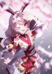  1girl ;d \||/ absurdres animal_ears bangs bare_shoulders blurry blurry_background blurry_foreground blush breasts bunny_ears character_request check_character cowboy_shot depth_of_field detached_sleeves dress ett eyebrows_visible_through_hair falling_petals hand_up highres honkai_(series) honkai_impact_3rd looking_at_viewer one_eye_closed open_mouth petals pink_eyes silver_hair small_breasts smile solo standing theresa_apocalypse upper_teeth white_dress 