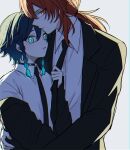  2boys androgynous bangs black_hair black_jacket blue_hair braid chiroron choker closed_mouth collared_shirt diluc_(genshin_impact) formal genshin_impact gradient_hair green_eyes holding jacket jacket_removed long_hair long_sleeves looking_at_viewer male_focus multicolored_hair multiple_boys necktie necktie_grab neckwear_grab open_mouth ponytail red_eyes red_hair shirt short_hair_with_long_locks simple_background suit twin_braids venti_(genshin_impact) white_background white_shirt yaoi 