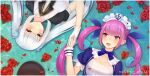  2girls ahoge anchor_symbol apron blue_eyes blue_ribbon colored_inner_hair eyebrows_visible_through_hair gloves heterochromia highres hololive kagura_gumi kagura_mea kaleid long_hair minato_aqua multicolored_hair multiple_girls open_mouth ribbon silver_hair smile twintails virtual_youtuber white_apron white_gloves 