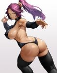  1girl absurdres ass backless_leotard bangs bleach breasts dark_skin dark_skinned_female gradient gradient_background highres large_breasts leotard looking_at_viewer muscular muscular_female ponytail purple_hair shihouin_yoruichi sideboob simple_background solo thighhighs thighs yellow_eyes yoshio_(55level) 