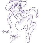  1girl ass assertive_female blazing_pixels breasts collarbone eyebrows_visible_through_hair eyes_visible_through_hair genshin_impact hip_focus legs legs_together looking_at_viewer mona_(genshin_impact) monochrome nipples sketch smug solo thick_thighs thighs 