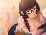  1girl 3ri10te bag_of_chips barefoot black-framed_eyewear black_shorts blush braid breasts brown_eyes brown_hair chips cleavage collarbone crossed_ankles dutch_angle feet_up food glasses hair_over_shoulder handheld_game_console highres indoors long_hair lying medium_breasts mouth_hold nintendo_switch on_stomach original pink_shirt playing_games shirt short_sleeves shorts single_braid solo stuffed_animal stuffed_bird stuffed_toy 