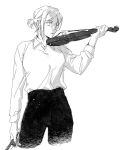  1girl alternate_costume alternate_hairstyle bow_(instrument) expressionless greyscale instrument jujutsu_kaisen korean_commentary kugisaki_nobara monochrome pants ponytail shirt_tucked_in short_hair short_ponytail solo umovomu violin 