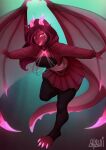  anthro atsuii bottomwear chain clothing crop_top dragon female glowing glowing_eyes glowing_tongue hi_res hoodie horn pink_eyes red_body shirt skirt solo tongue topwear wings 