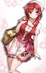  1girl alternate_costume basket braid breasts cleavage collarbone commentary_request hair_ornament hairclip head_scarf highres large_breasts looking_at_viewer love_live! love_live!_school_idol_project nakano_maru nishikino_maki purple_eyes red_hair smile solo thighs twin_braids white_headwear 