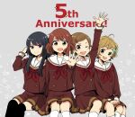  4girls :d ;d adjusting_hair ahoge anniversary arm_up asada_nikki bangs black_hair black_legwear blonde_hair brown_hair brown_shirt brown_skirt closed_mouth feet_out_of_frame green_eyes grey_background hair_ornament hairclip hand_up hibike!_euphonium highres invisible_chair katou_hazuki kawashima_sapphire kitauji_high_school_uniform kneehighs kousaka_reina long_hair long_sleeves multiple_girls neckerchief one_eye_closed open_mouth oumae_kumiko own_hands_together purple_eyes red_hair red_neckwear sailor_collar school_uniform shirt short_hair simple_background sitting skirt smile spread_fingers star_(symbol) thighhighs white_legwear white_sailor_collar yellow_eyes zettai_ryouiki 