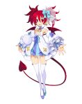  1girl alternate_costume bangs blue_footwear bow demon_girl demon_tail demon_wings detached_collar detached_sleeves disgaea disgaea_rpg dress earrings etna flat_chest full_body hair_bow highres jewelry layered_sleeves long_hair mismatched_footwear official_art open_mouth popped_collar red_eyes red_hair saint_etna short_dress simple_background slit_pupils solo strapless strapless_dress tail thighhighs twintails white_background white_legwear wings 