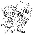  alternate_form angry big_breasts breasts chibi crossed_arms demon duo ear_piercing ear_ring eyelashes female fluffy fluffy_hair hair hand_on_hip helluva_boss hi_res hooves horn humanoid kajabuubuu line_art long_ears martha_(vivzmind) mole_(marking) mrs._mayberry_(vivzmind) piercing pose simple_background sketch smug spade_tail tail_tuft thick_eyelashes thick_thighs tuft white_background 