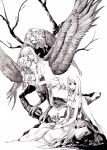  4girls bangs breasts capelet closed_eyes closed_mouth commentary_request dress eyebrows_visible_through_hair feathered_wings flower full_body greyscale harpy holding holding_flower koto_(sugerparade) long_hair looking_at_viewer looking_to_the_side mage_(ragnarok_online) medium_breasts monochrome monster_girl multiple_girls nipples open_mouth pelvic_curtain ragnarok_online showgirl_skirt sitting swept_bangs tree wings 