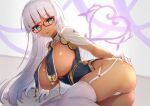  1girl azur_lane bangs blunt_bangs blush borrowed_character breast_curtains breasts china_dress chinese_clothes commission cosplay dark_skin dark_skinned_female dress garter_straps glasses gloves green_eyes grey_dress hand_on_ass huge_breasts long_hair looking_at_viewer lying on_side open_mouth original pelvic_curtain red-framed_eyewear revealing_clothes see-through_sleeves sheer_clothes sirius_(azur_lane) sirius_(azur_lane)_(cosplay) sirius_(azure_horizons)_(azur_lane) skeb_commission smile solo symbol-shaped_pupils thighhighs west_24 white_gloves white_hair white_legwear 