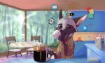  anthro beverage black_body black_fur canid canine chair clothed clothing coffee cup day detailed_background drinking eyes_closed fox fur furniture grey_body grey_fur head_tuft hi_res holding_cup holding_object inside kitchen mammal plant ribbontini sink solo table tree tuft window 